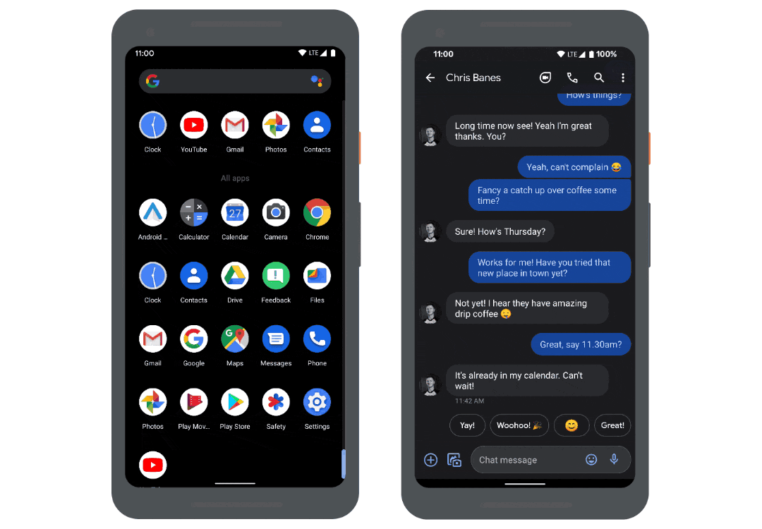 两个 Android 11 中软键盘动画效果的示例: Google Search 应用 (左)，Messages (右)
