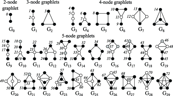2 个节点到 5 个节点的图元 (Pržulj, 2007)